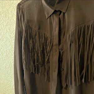 Brown Fringe Button-Up Chiffan Blouse size medium